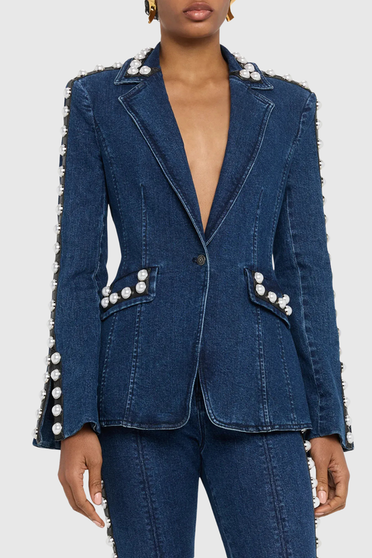 Uonata Pearl Trim Embellished Denim Blazer & Pants Set