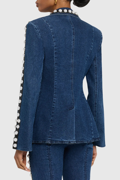 Uonata Pearl Trim Embellished Denim Blazer & Pants Set