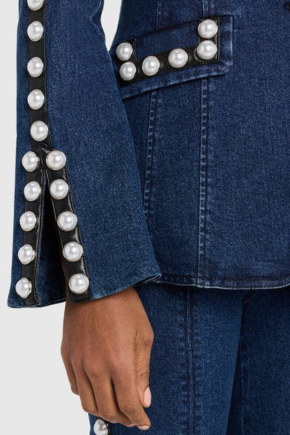 Uonata Pearl Trim Embellished Denim Blazer & Pants Set