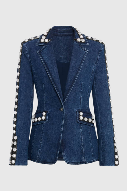 Uonata Pearl Trim Embellished Denim Blazer & Pants Set