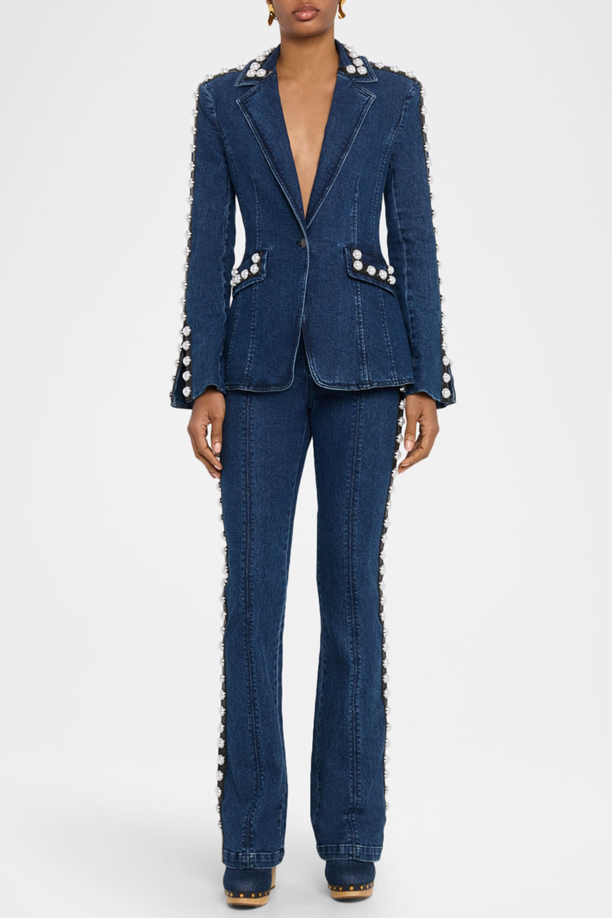 Uonata Pearl Trim Embellished Denim Blazer & Pants Set