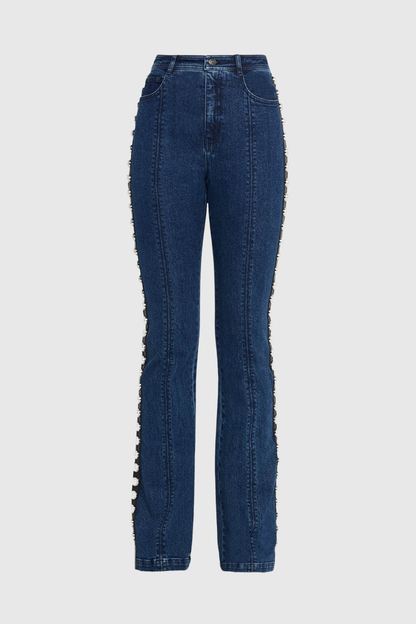 Uonata Pearl Trim Embellished Denim Blazer & Pants Set