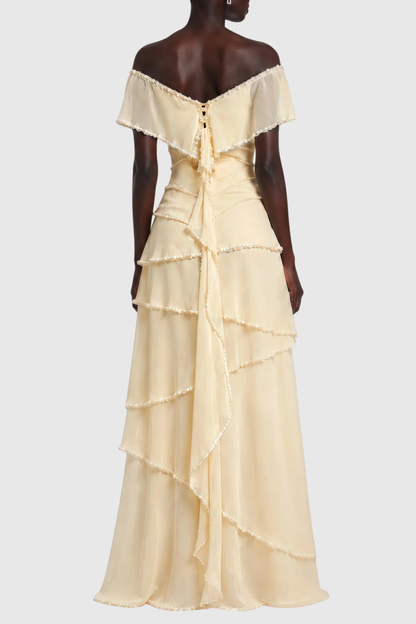 Vabsa Asymmetric Pearl Tiered Maxi Dress