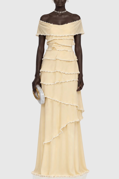 Vabsa Asymmetric Pearl Tiered Maxi Dress