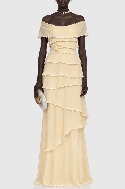 Vabsa Asymmetric Pearl Tiered Maxi Dress