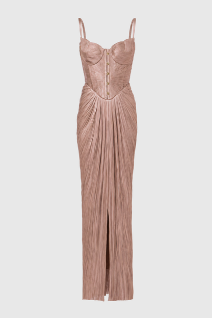 Vadence Metallic Pleated Corset Maxi Dress