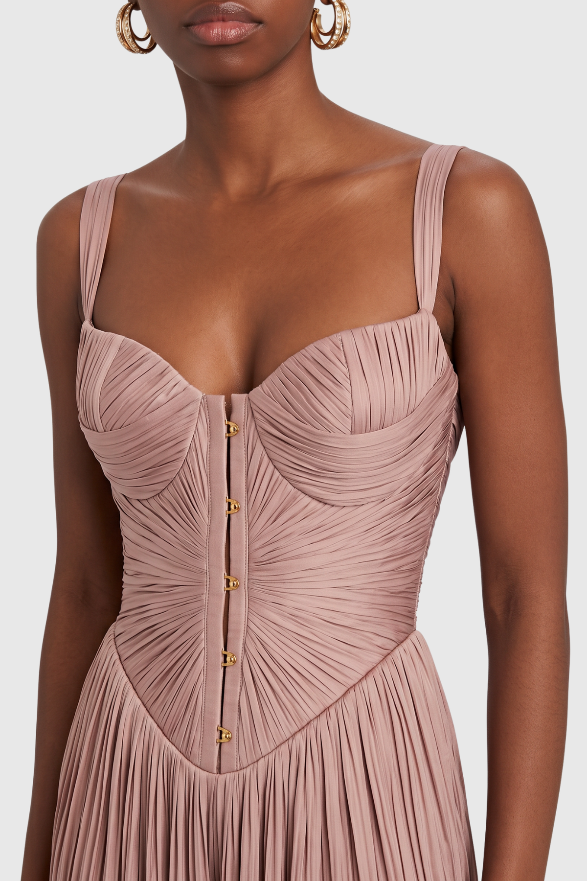 Vadence Metallic Pleated Corset Maxi Dress