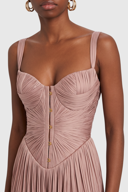 Vadence Metallic Pleated Corset Maxi Dress