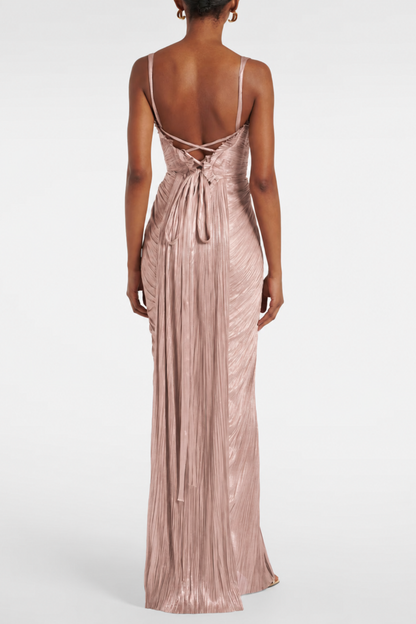 Vadence Metallic Pleated Corset Maxi Dress
