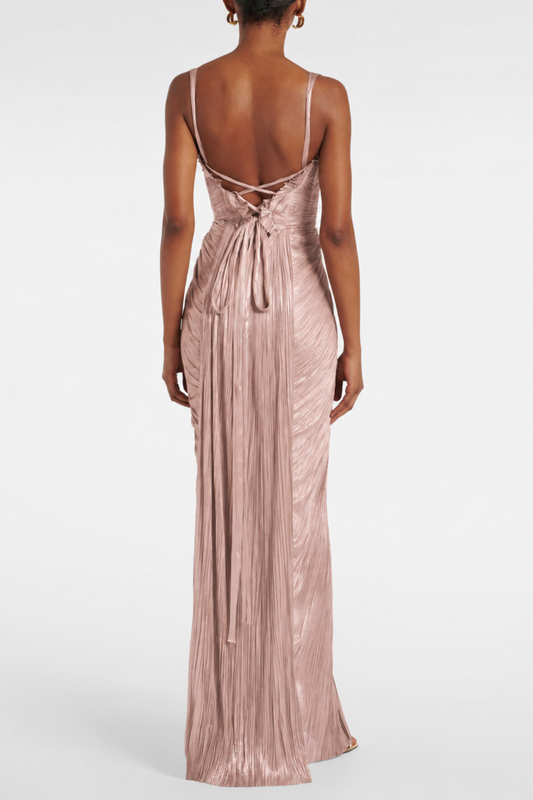 Vadence Metallic Pleated Corset Maxi Dress
