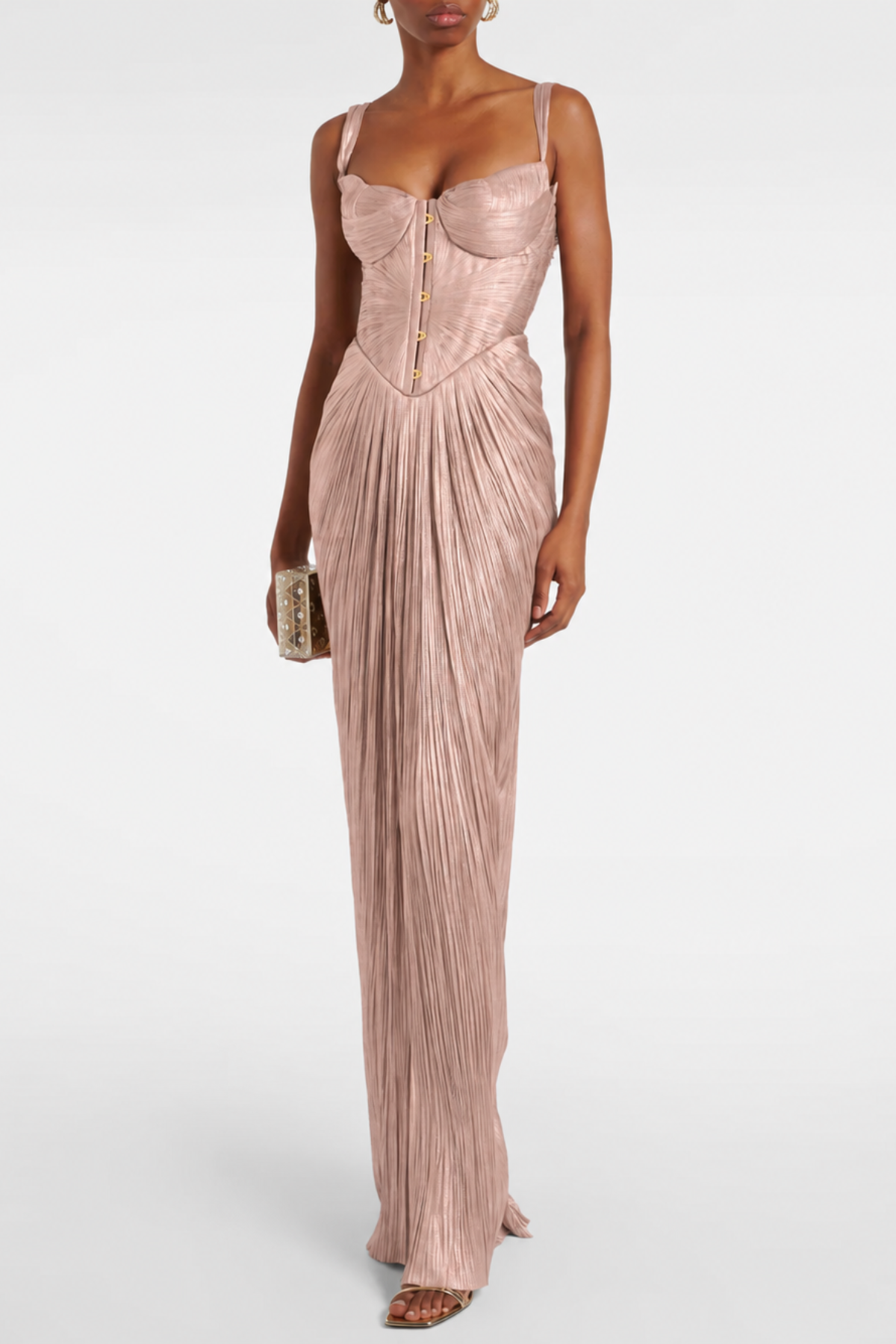 Vadence Metallic Pleated Corset Maxi Dress