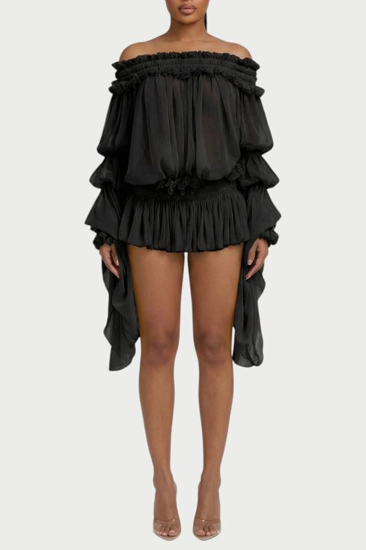 Vairea Off Shoulder Shirred Glossy Mini Dress - Black