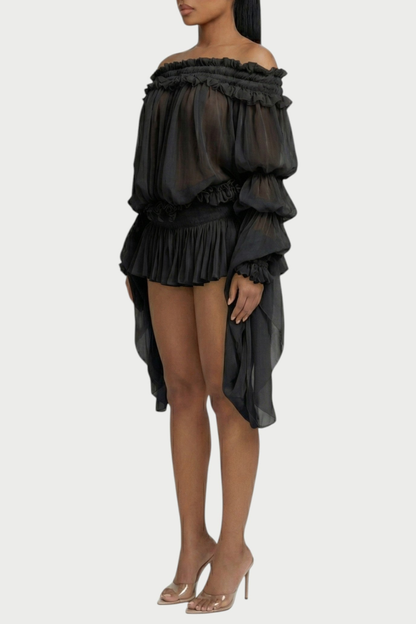 Vairea Off Shoulder Shirred Glossy Mini Dress - Black