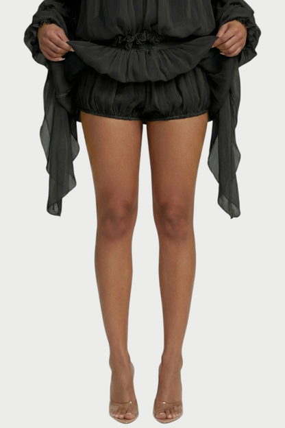 Vairea Off Shoulder Shirred Glossy Mini Dress - Black