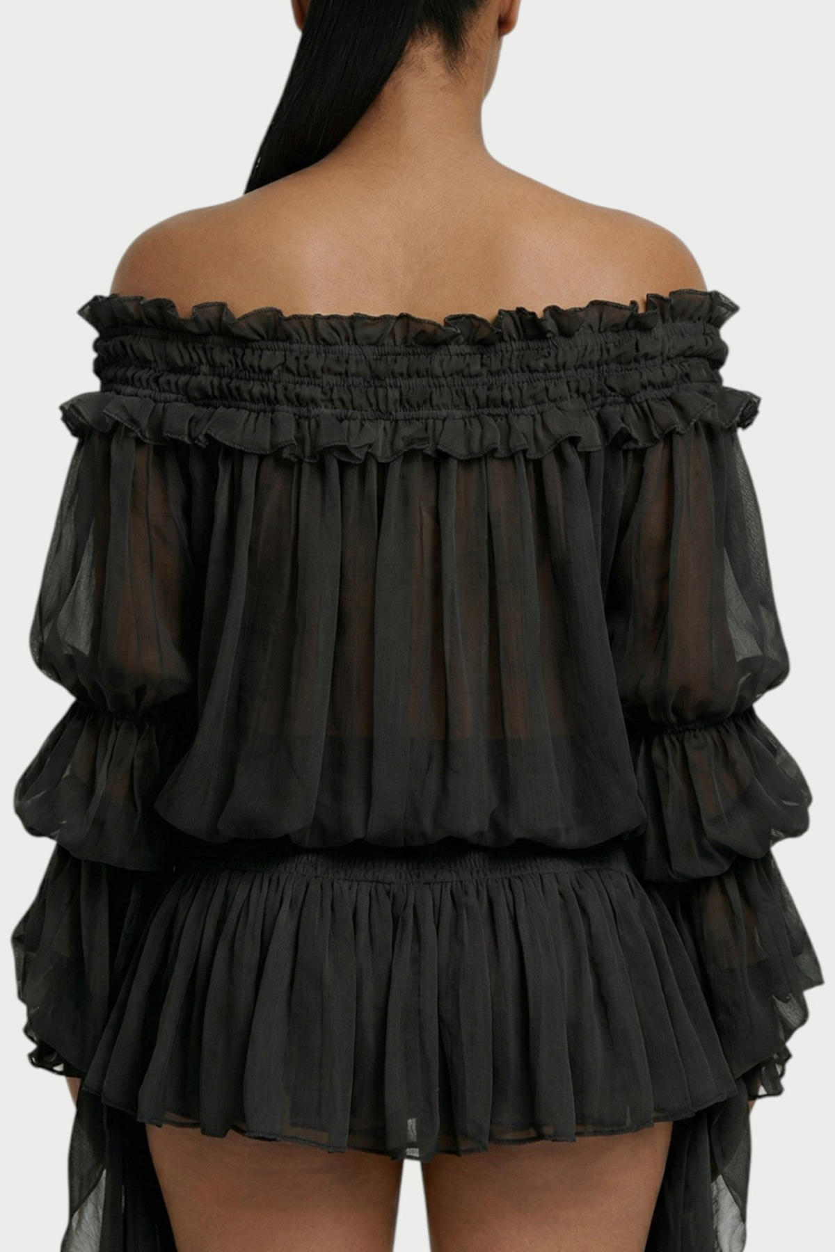 Vairea Off Shoulder Shirred Glossy Mini Dress - Black