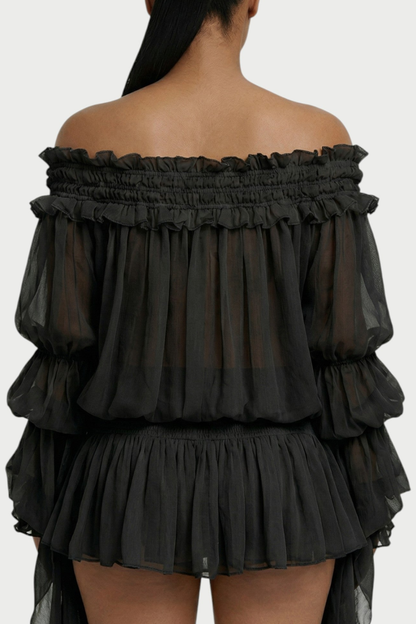 Vairea Off Shoulder Shirred Glossy Mini Dress - Black