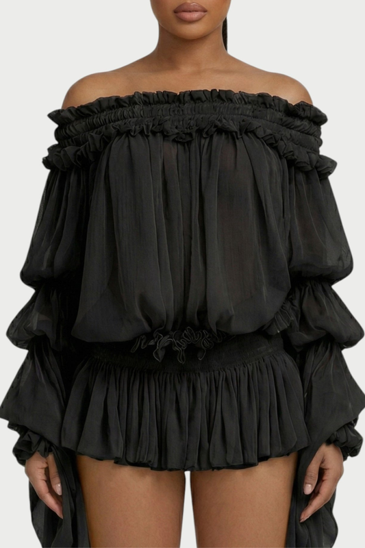 Vairea Off Shoulder Shirred Glossy Mini Dress - Black