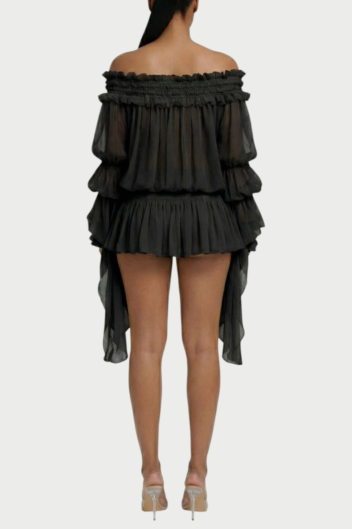 Vairea Off Shoulder Shirred Glossy Mini Dress - Black