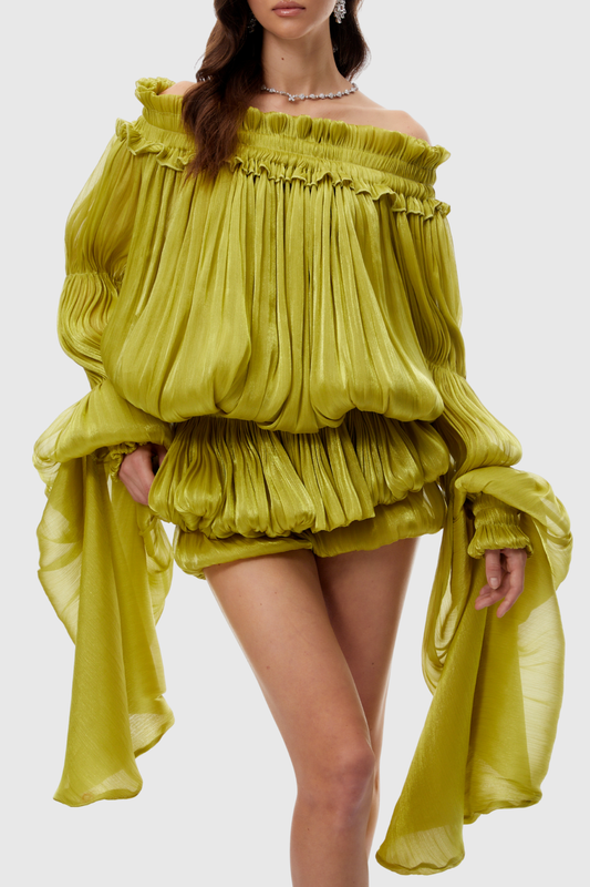 Vairea Off Shoulder Shirred Glossy Mini Dress - Green