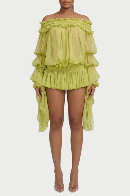 Vairea Off Shoulder Shirred Glossy Mini Dress - Green