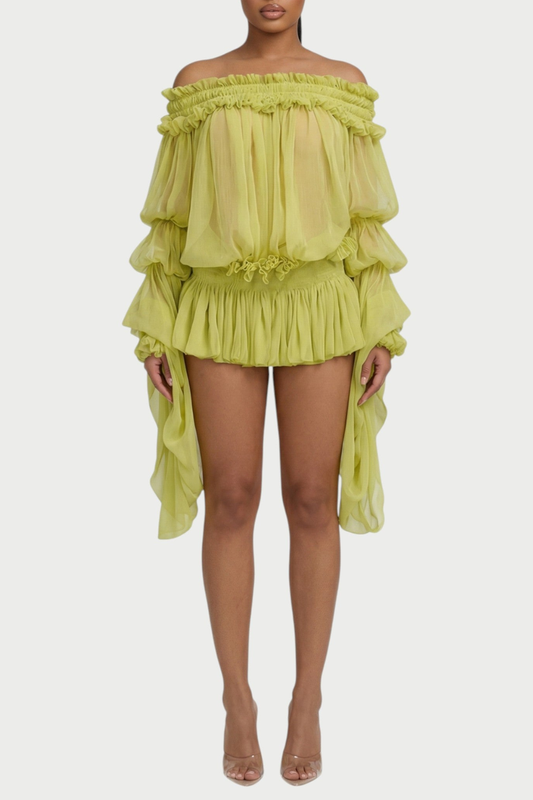 Vairea Off Shoulder Shirred Glossy Mini Dress - Green