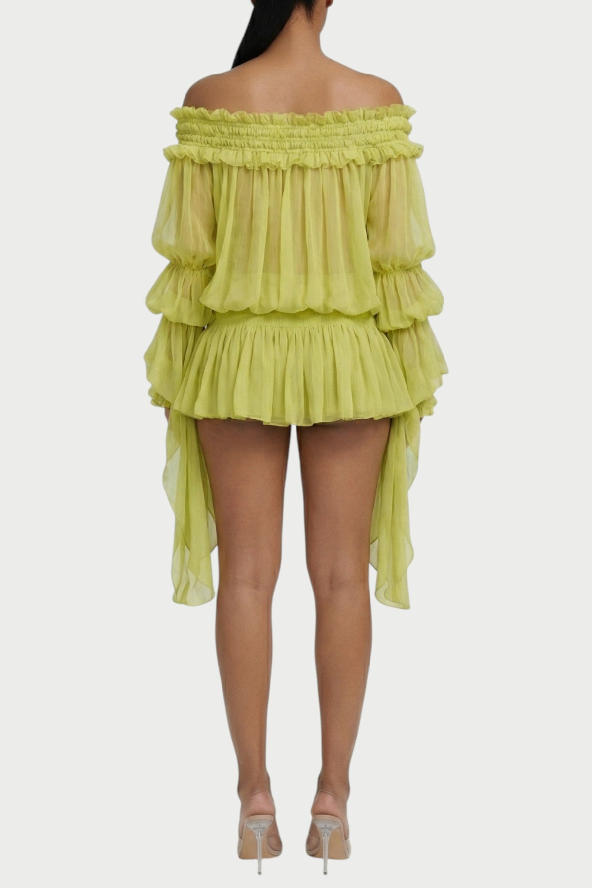 Vairea Off Shoulder Shirred Glossy Mini Dress - Green