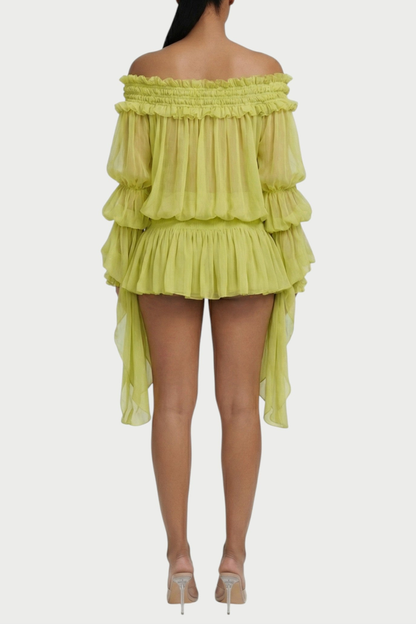 Vairea Off Shoulder Shirred Glossy Mini Dress - Green
