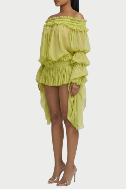Vairea Off Shoulder Shirred Glossy Mini Dress - Green