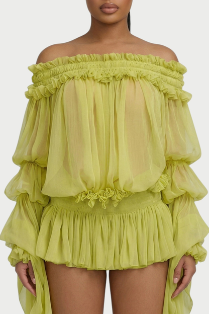 Vairea Off Shoulder Shirred Glossy Mini Dress - Green