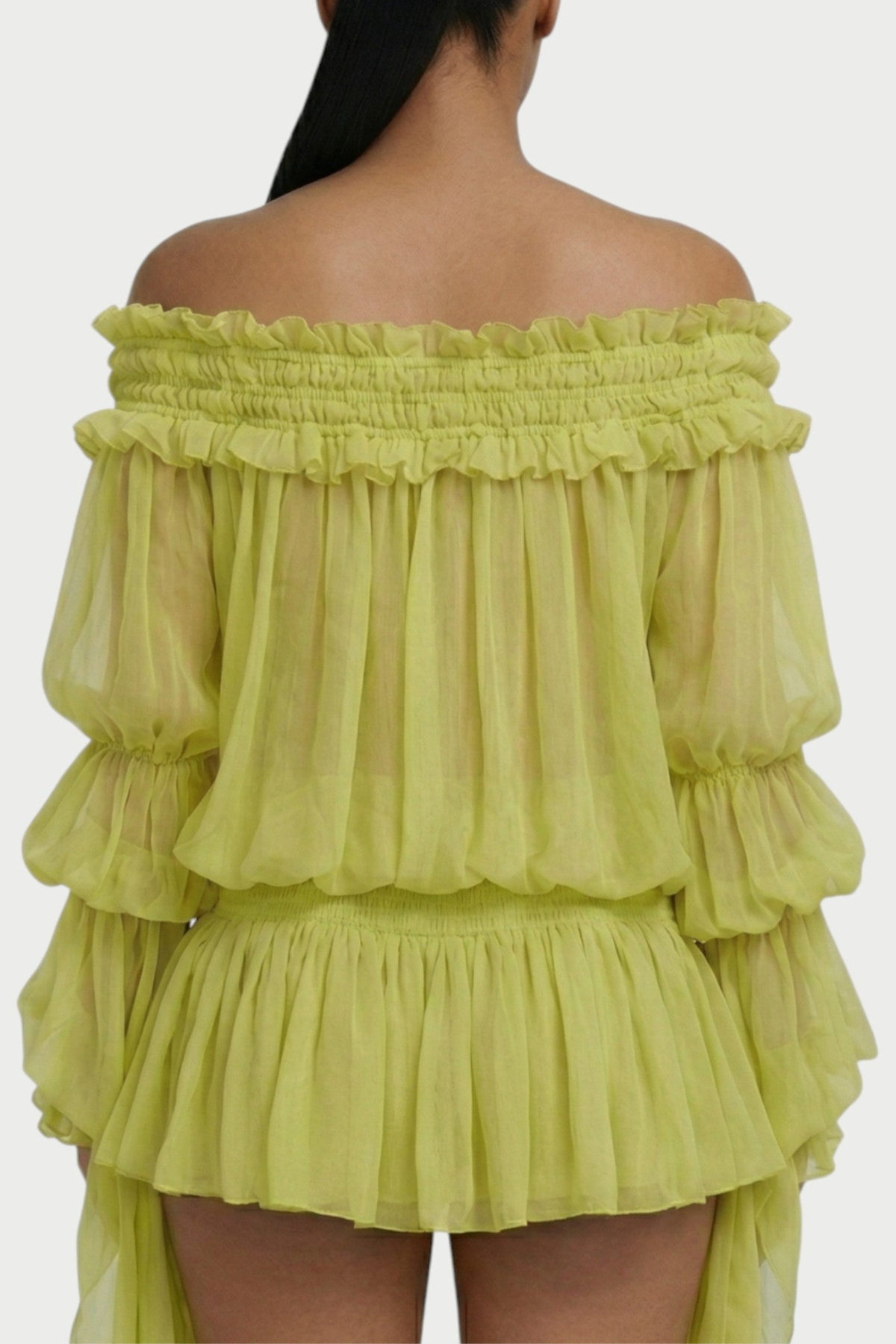 Vairea Off Shoulder Shirred Glossy Mini Dress - Green
