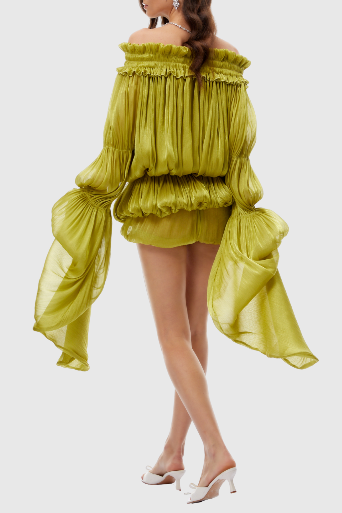 Vairea Off Shoulder Shirred Glossy Mini Dress - Green