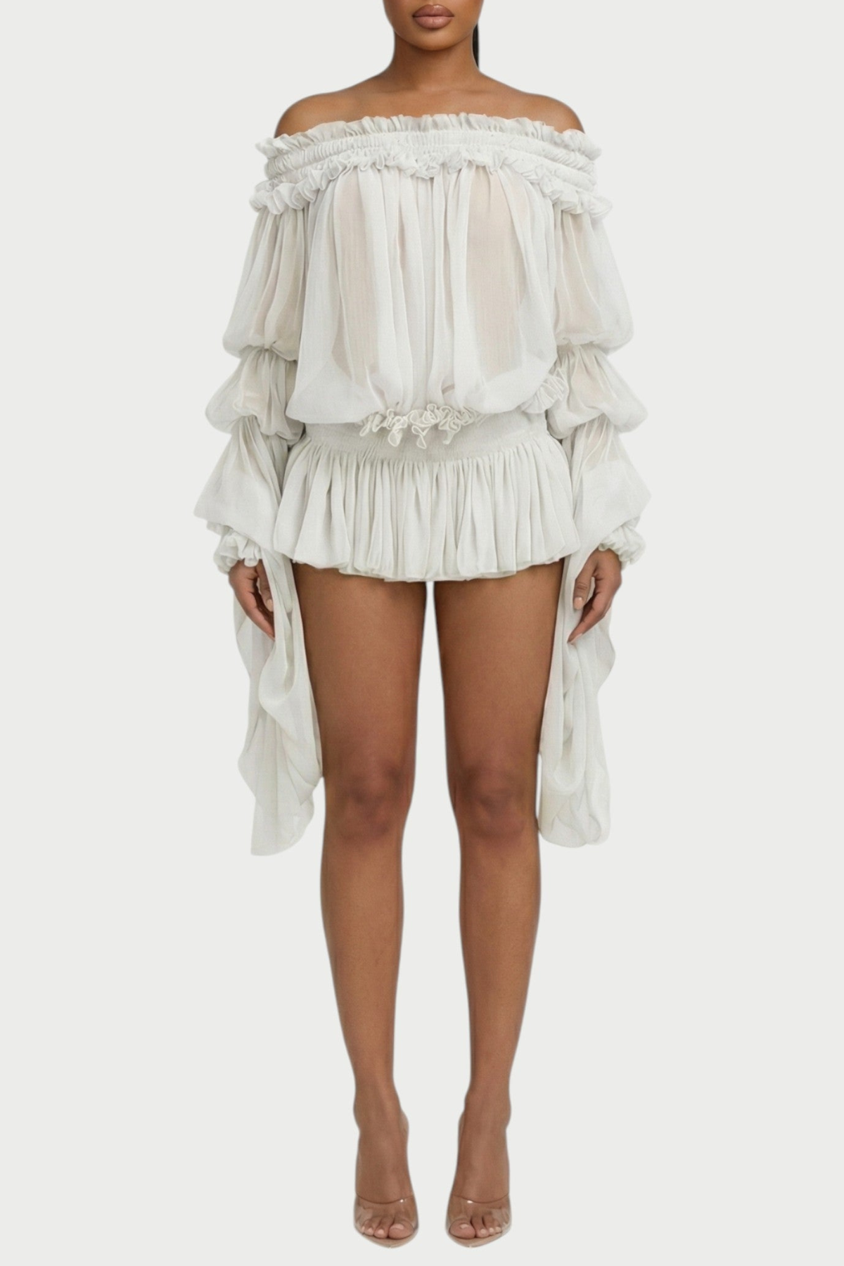 Vairea Off Shoulder Shirred Glossy Mini Dress - White