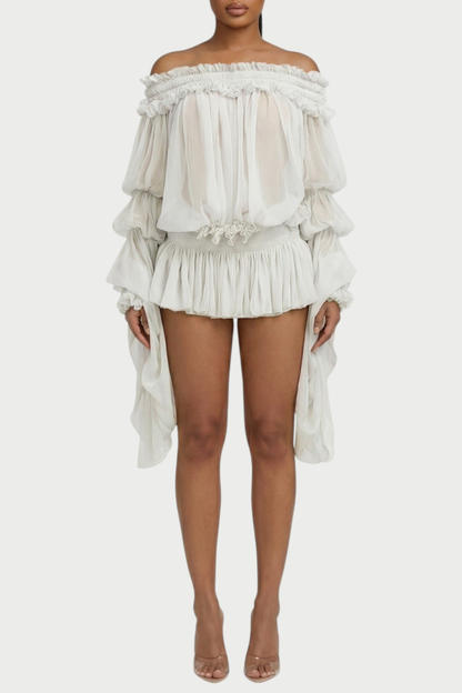 Vairea Off Shoulder Shirred Glossy Mini Dress - White