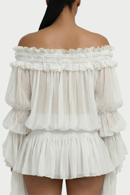 Vairea Off Shoulder Shirred Glossy Mini Dress - White