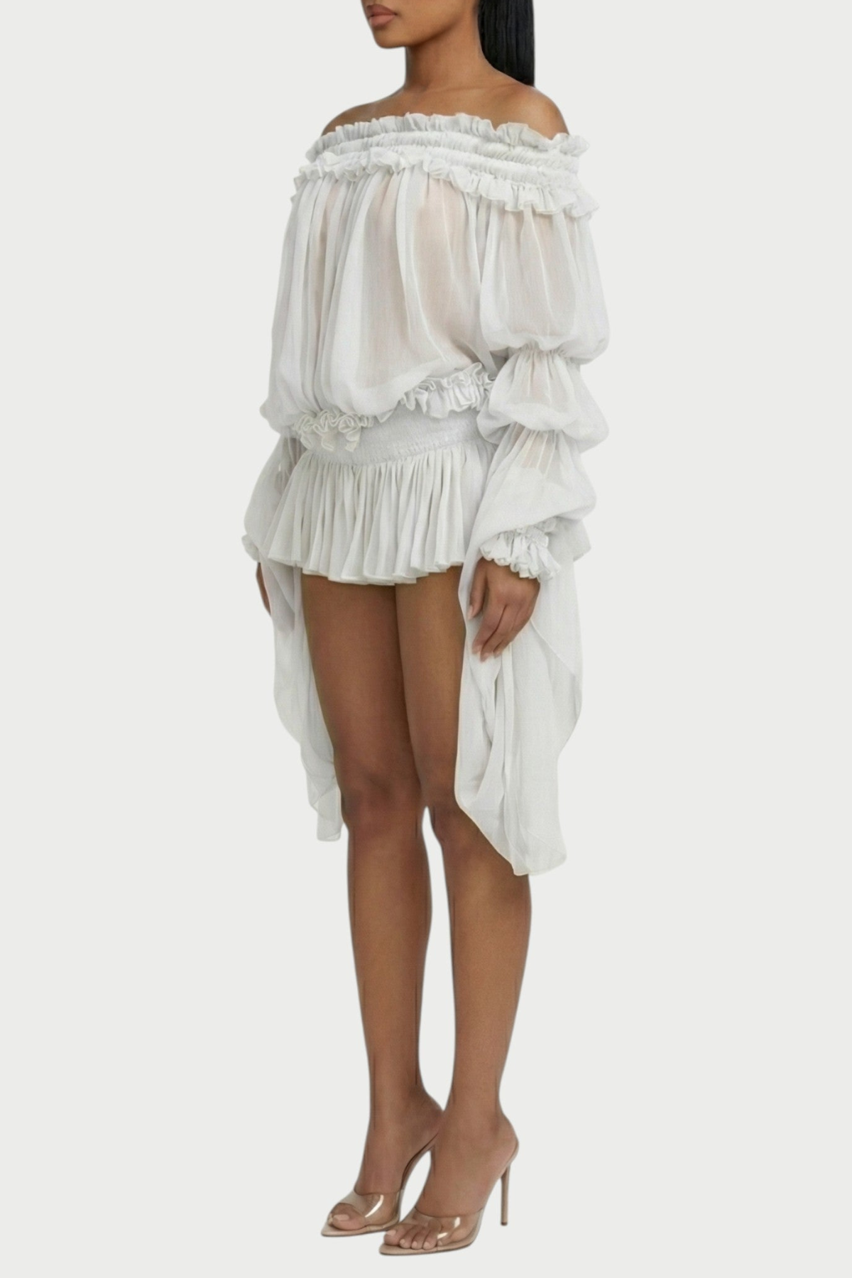 Vairea Off Shoulder Shirred Glossy Mini Dress - White