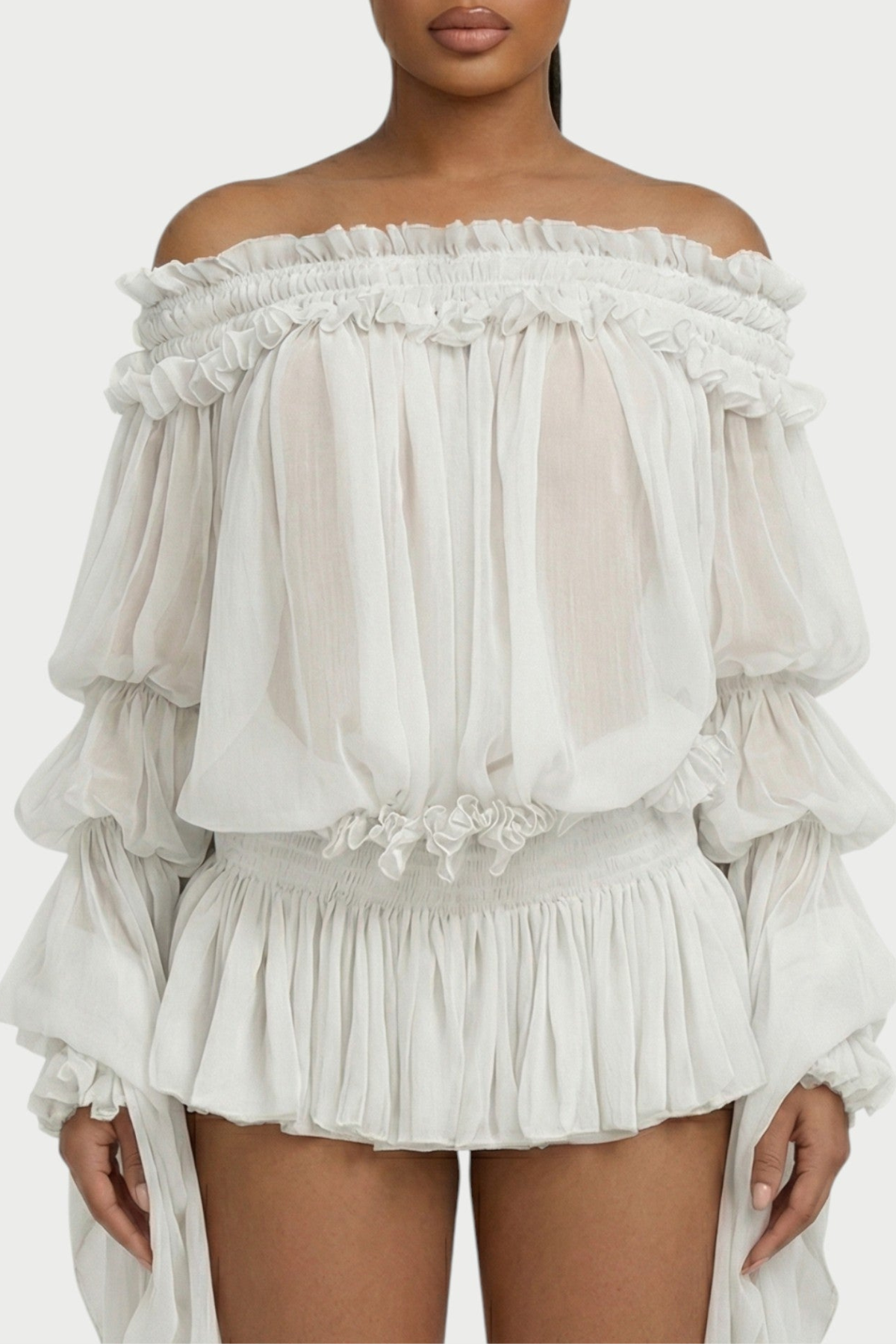 Vairea Off Shoulder Shirred Glossy Mini Dress - White