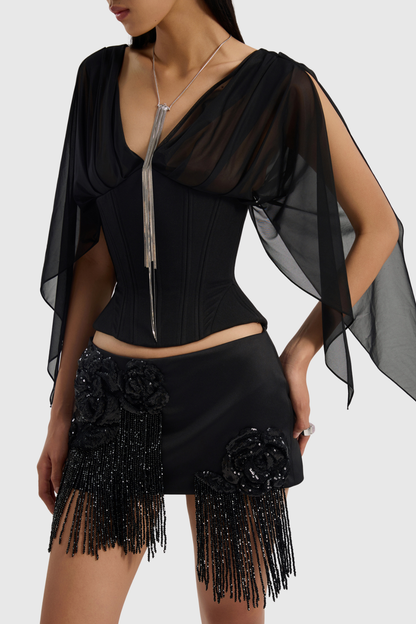 Vanita Off Shoulder Chiffon Corset - Black