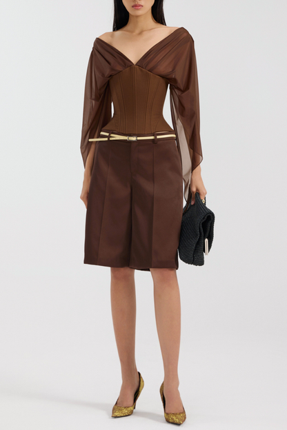 Vanita Off Shoulder Chiffon Corset - Brown