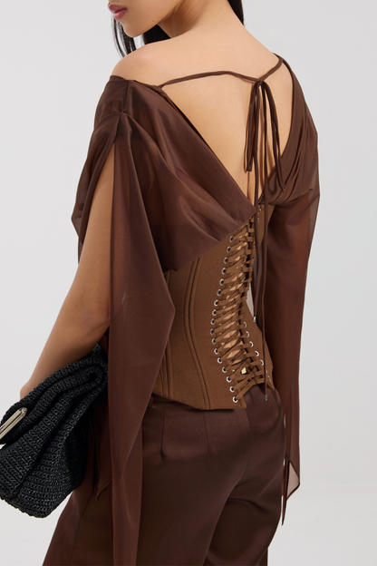 Vanita Off Shoulder Chiffon Corset - Brown