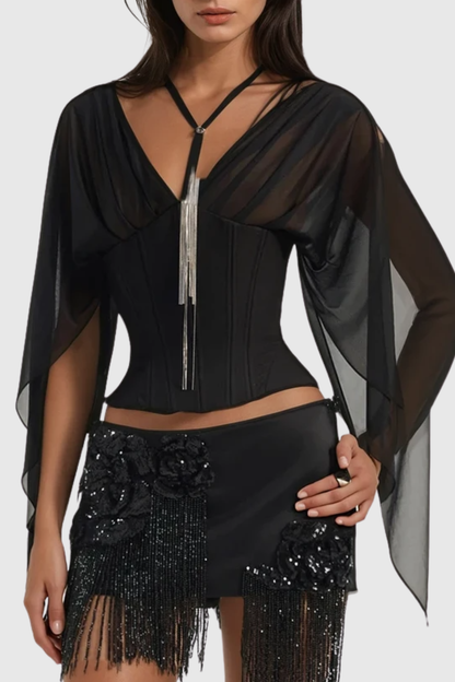 Vanita Off Shoulder Chiffon Corset - Black