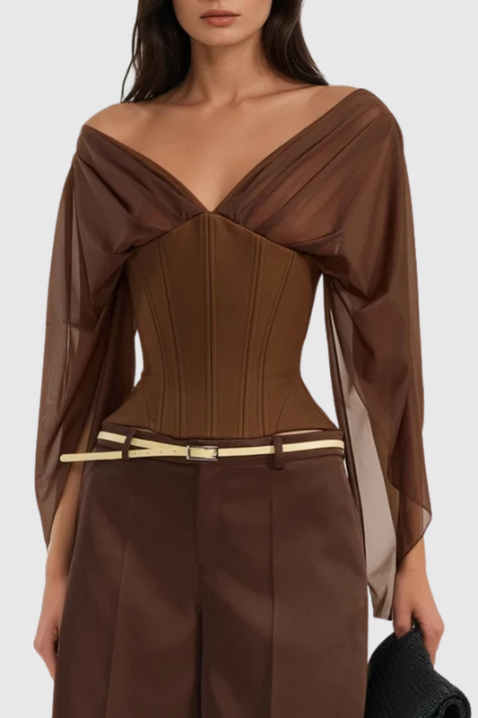 Vanita Off Shoulder Chiffon Corset - Brown