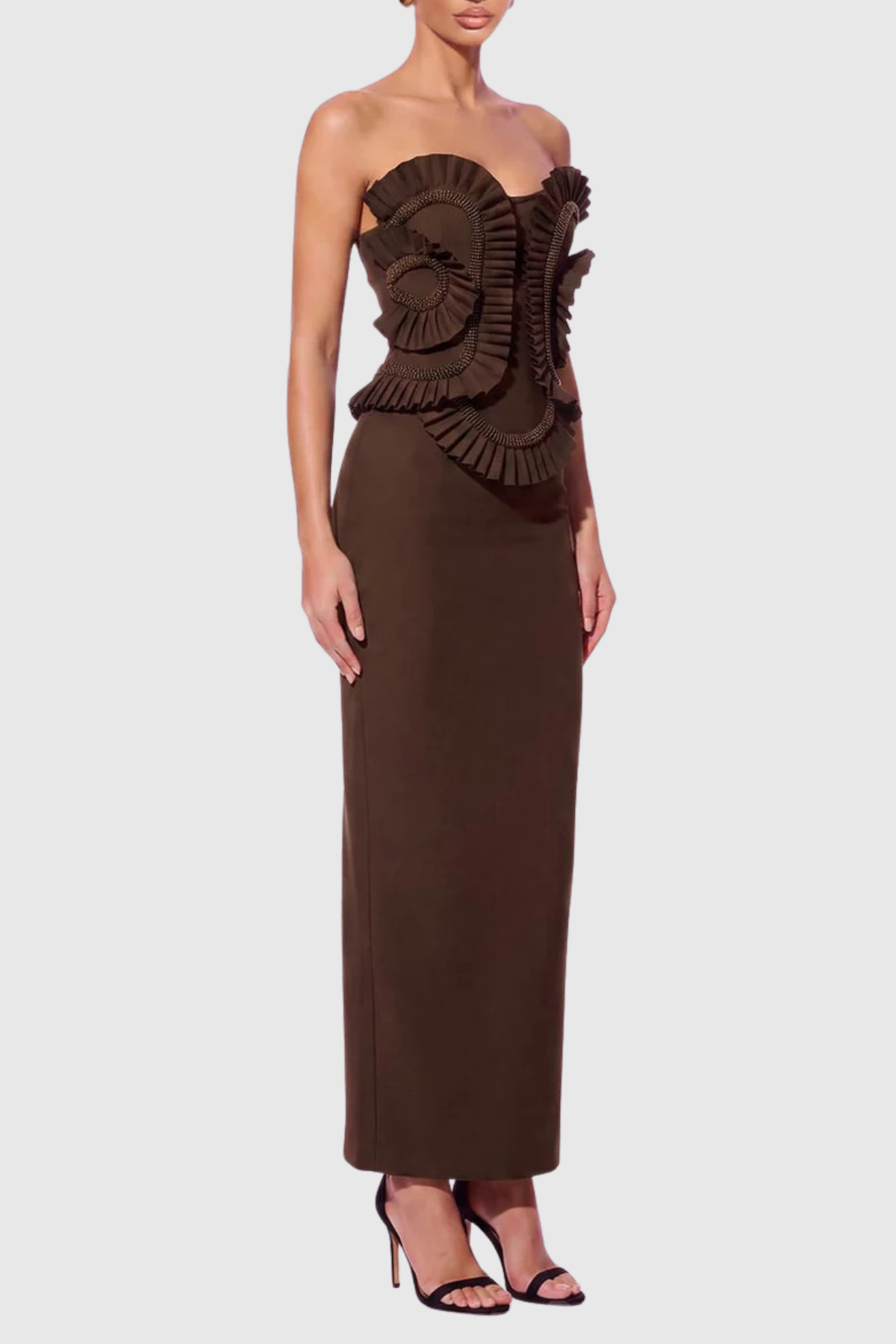 Varsha Strapless Beaded Ruffle Maxi Bandage Dress