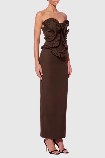 Varsha Strapless Beaded Ruffle Maxi Bandage Dress