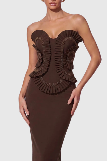 Varsha Strapless Beaded Ruffle Maxi Bandage Dress