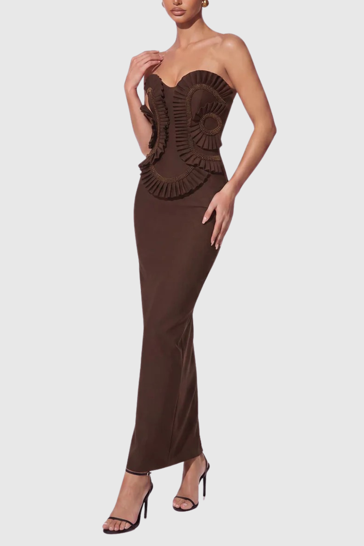 Varsha Strapless Beaded Ruffle Maxi Bandage Dress