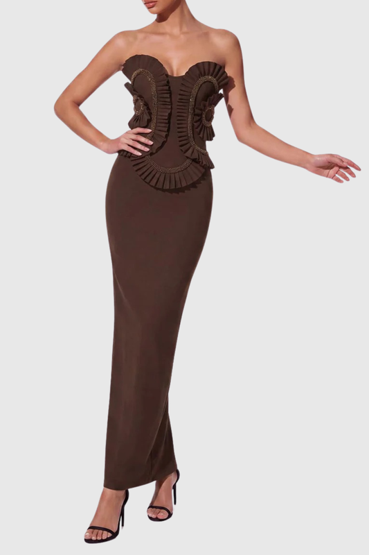Varsha Strapless Beaded Ruffle Maxi Bandage Dress