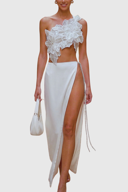 Vashti Floral Embroidered Top & Maxi Skirt Set - White