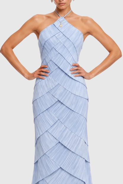 Vdela Halter Pleated Tiered Maxi Dress - Blue