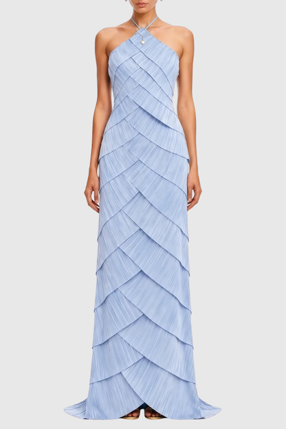 Vdela Halter Pleated Tiered Maxi Dress - Blue