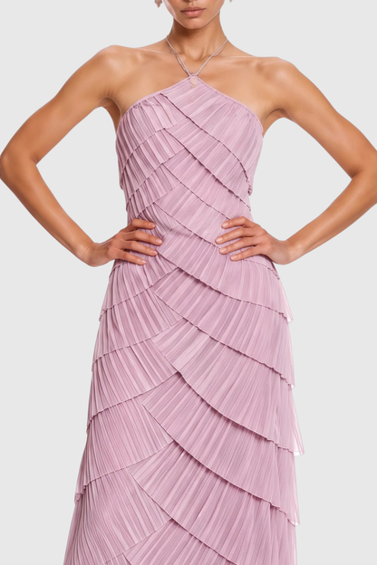 Vdela Halter Pleated Tiered Maxi Dress - Pink